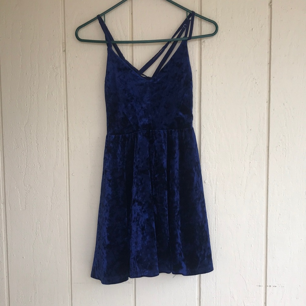 Blue velvet dress with cross strap back